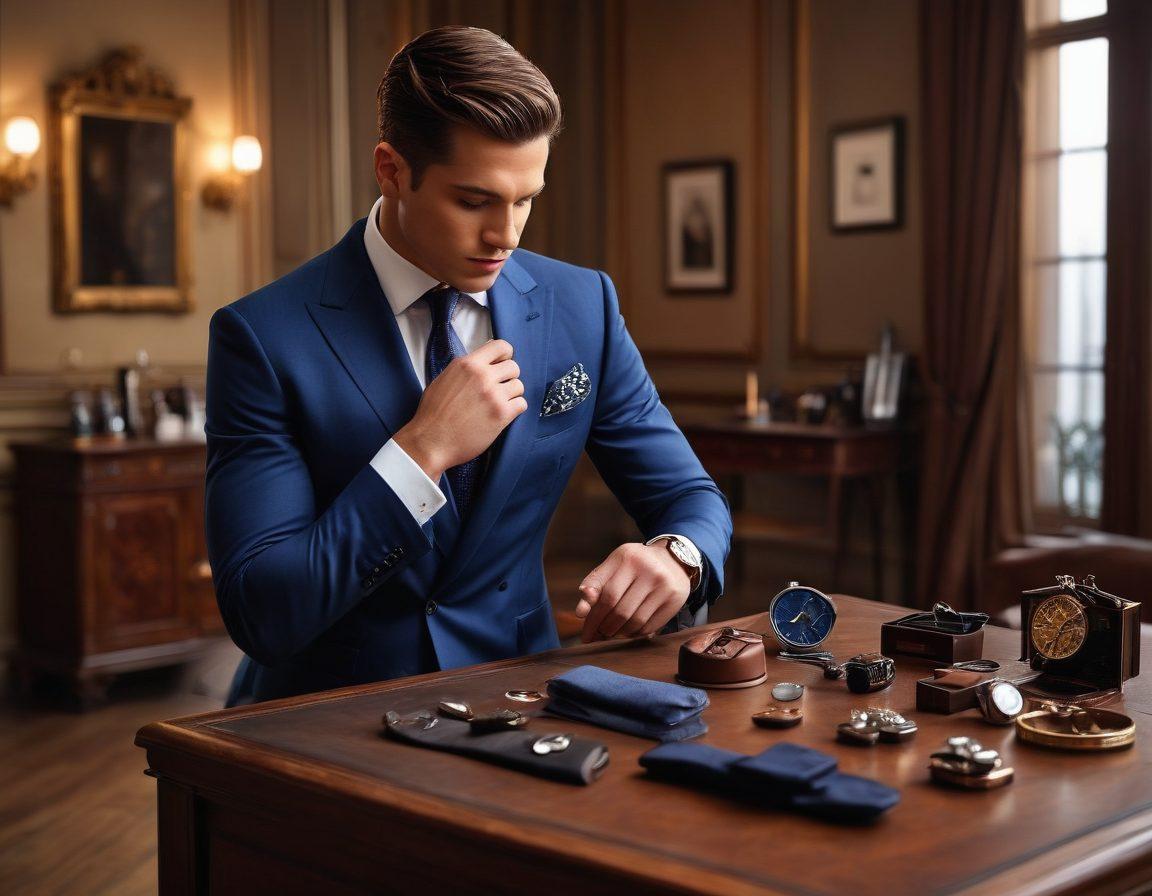 A stylish man dressed in a sharp tailored suit, confidently adjusting his tie in a sophisticated urban setting, surrounded by various accessories like cufflinks, a watch, and shoes. The background includes elegant architectural elements to enhance the atmosphere of formality. The lighting is warm and inviting, emphasizing the man's polished look and attention to detail. super-realistic. vibrant colors. 3D.