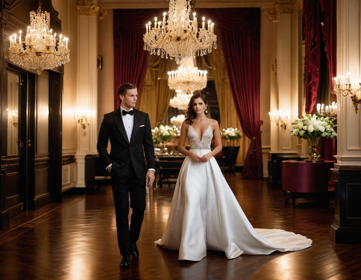 A sophisticated scene featuring a well-dressed man in a tailored tuxedo standing gracefully in an elegant gala setting, surrounded by luxurious decor and twinkling chandeliers. Include a stylish woman in an evening gown, highlighting the harmony of formal attire. Subtle soft lighting for a romantic ambiance, hinting at the glamour of special events. Create an upscale atmosphere with rich textures and colors. super-realistic. vibrant colors. elegant background.