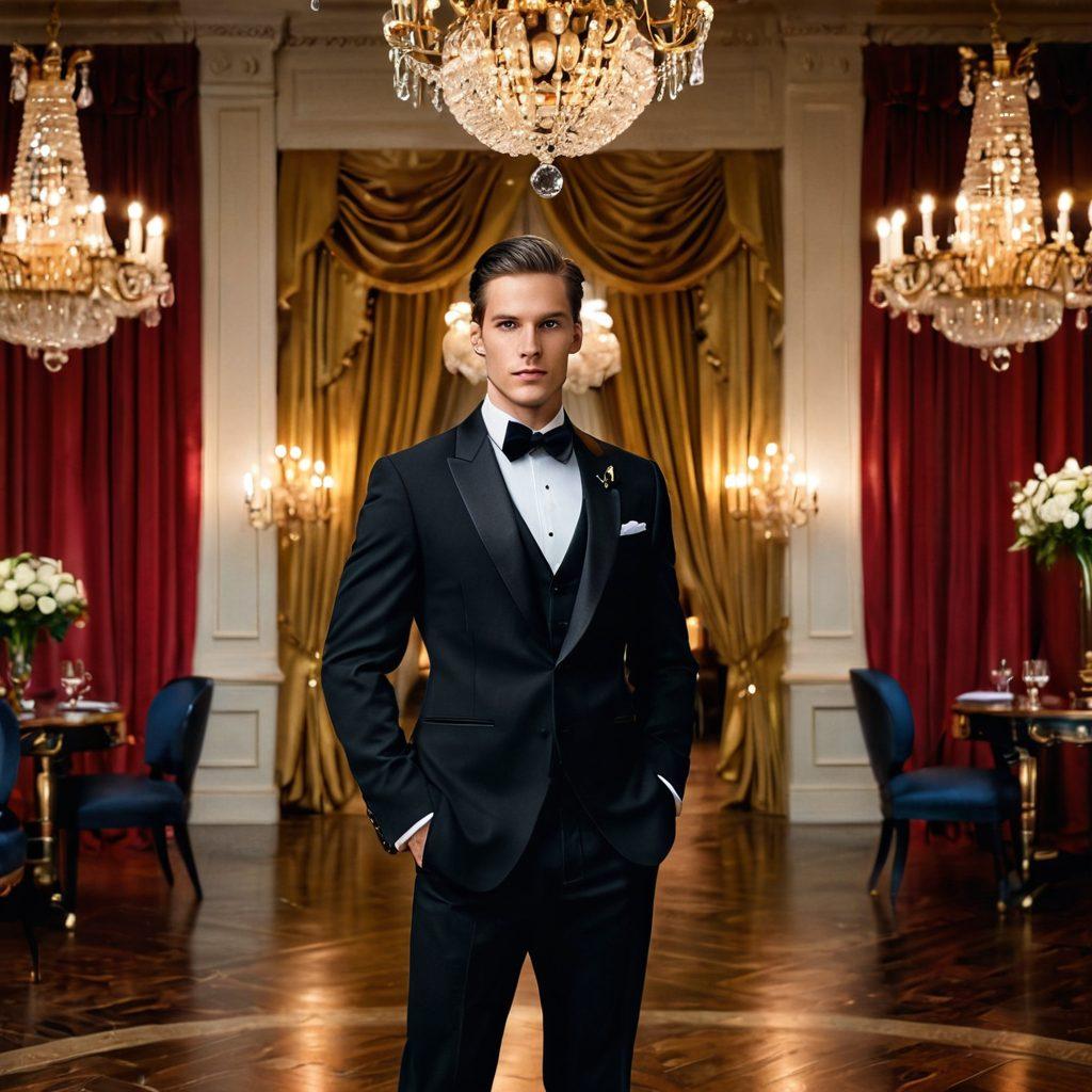 A sophisticated gentleman in a perfectly tailored bespoke tuxedo, standing confidently against an elegant backdrop of a lavish ballroom. The scene is enriched with subtle details like a shimmering chandelier and tasteful decor, emphasizing luxury and style. A stylish ribbon or bowtie adds a contemporary twist to the classic attire, inviting the viewer to explore the allure of formal wear. super-realistic. vibrant colors. luxurious ambiance.